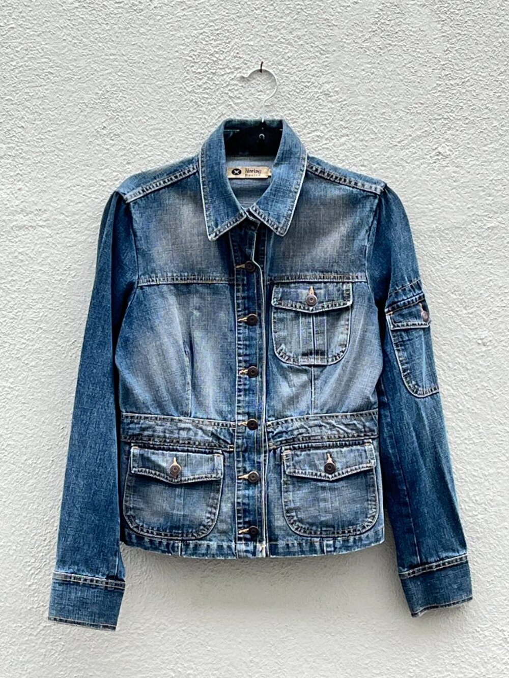 Vintage Y2K Hering Basics Fitted Blue Denim Cargo Safari Utility Jacket Size G/L